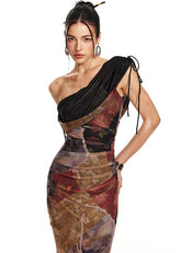 Fishtail printed mesh long dress